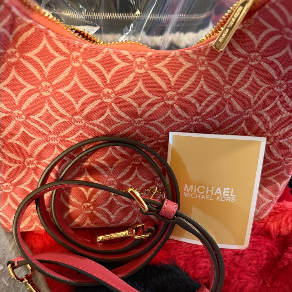 Michael Kors Coral Canvas Shoulder Bag with Gold Hardware
